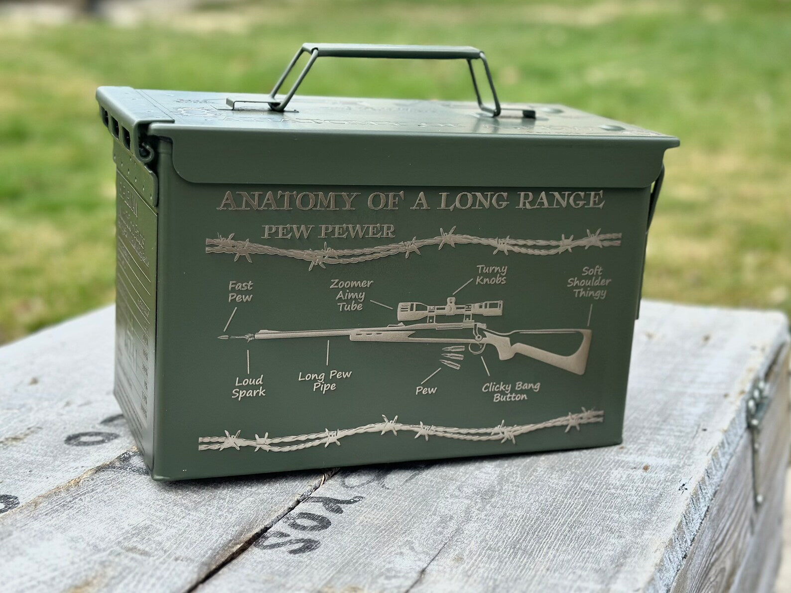 Anatomy Of A Pew- Customized 50 cal ammo can laser engraved on all sides